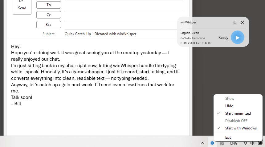 WinWhisper desktop application showing clean, intuitive design for professional transcription